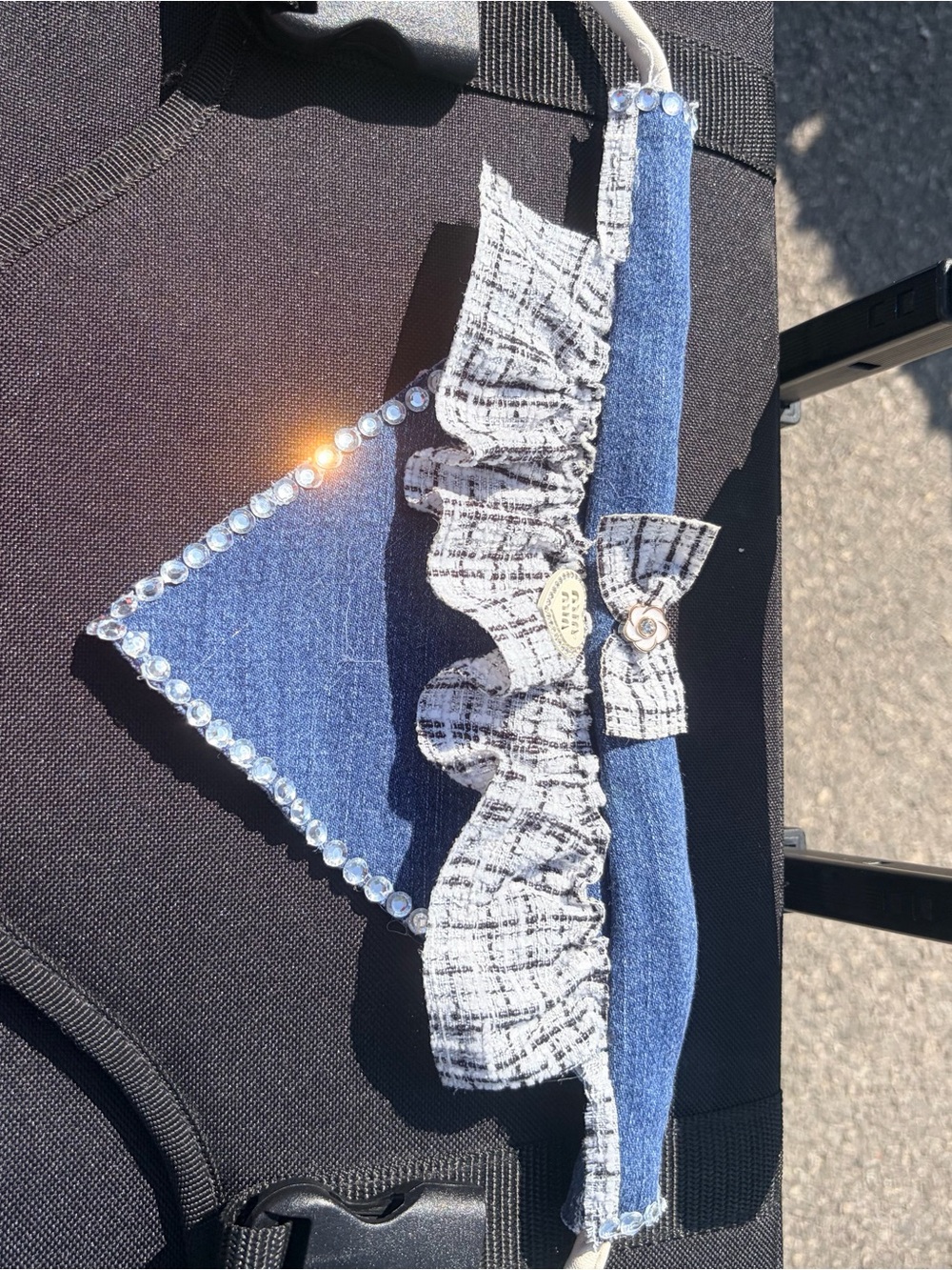 Denim Blue Ruffled Kids Hairband with Rhinestone Trim